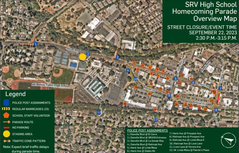 Map of rolling street closures and traffic safety measures planned for the San Ramon Valley High School homecoming parade on Friday. (Image courtesy Town of Danville)